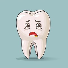 An unhappy tooth with a cavity on a plain background. 