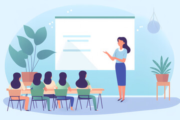 Minimal illustration of a classroom with a teacher and students, representing a teacher's day concept