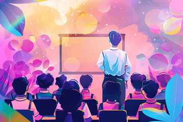 Colorful illustration of a classroom with a male teacher and students, representing a teacher's day concept