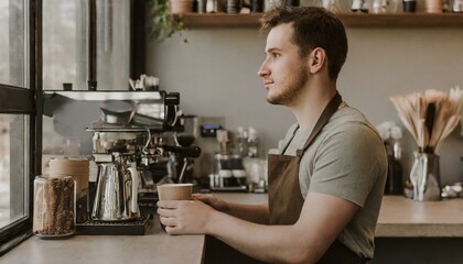 male barista staring out the window of the coffee shop. He has a bored or depressed look as he gazes.