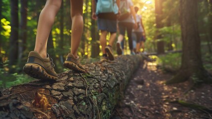 A group of friends walking and balancing on a tree trunk in the forest - obrazy, fototapety, plakaty