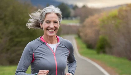 Keuken spatwand met foto Mature woman with grey hair running outdoors. Senior jogging for exercise. Health and fitness as you age. © Cam Creative Design