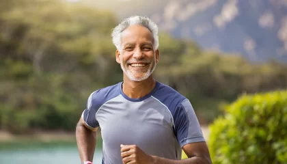 Keuken spatwand met foto Older senior man jogging outside, a happy athletic male with grey hair running and exercising. Health and fitness vibe. © Cam Creative Design