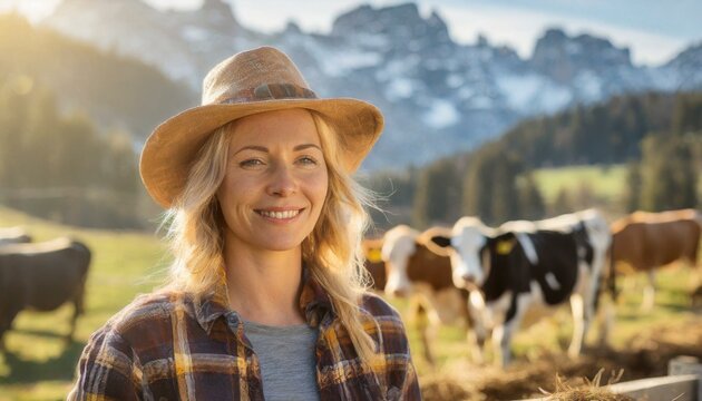 A proud and confident female farm owner stands in her pasture with her cows. A woman in a field with cattle raised for beef. Small farm, local food.