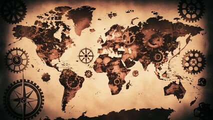  steampunk world map: vintage globe with cogs and gears