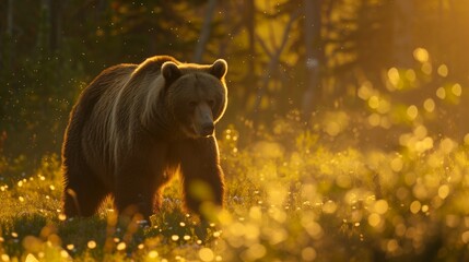 A majestic grizzly bear foraging for berries in a lush, green meadow bathed in the golden light of sunrise. - obrazy, fototapety, plakaty