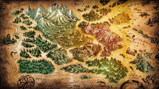 ancient fantasy map: land of legends and mystical topography
