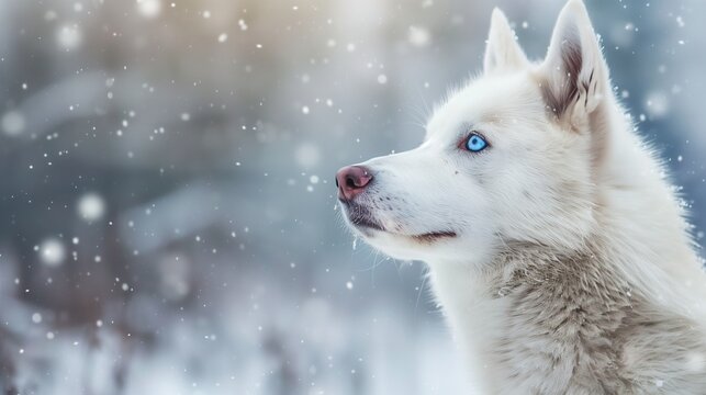 A majestic white Siberian husky with striking blue eyes enjoying a snowy winter day.
