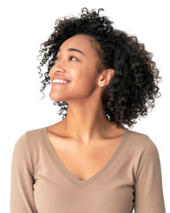 Portrait of a young black woman smiling and looking up, transparent background (PNG)
