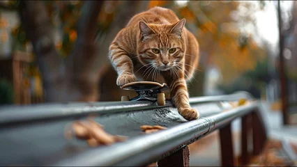 Deurstickers Cat Skateboarding Adorable Housecat Pet Action Sports Meme © Suite Green Media