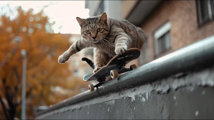 Gordijnen Cat Skateboarding Adorable Housecat Pet Action Sports Meme © Suite Green Media