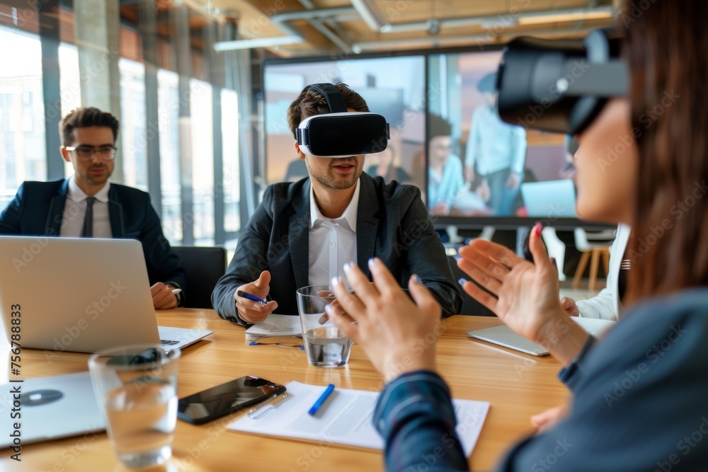Poster a business professional trying virtual reality in a meeting setting with colleagues observing