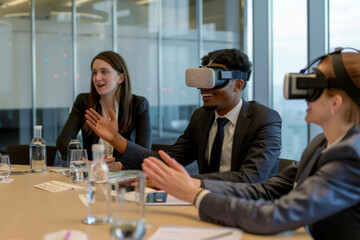 Business people using VR headsets during a collaborative meeting in a modern office space