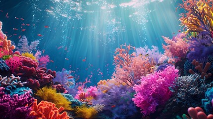 Colorful coral reef teeming with diverse marine life under the sea. - obrazy, fototapety, plakaty