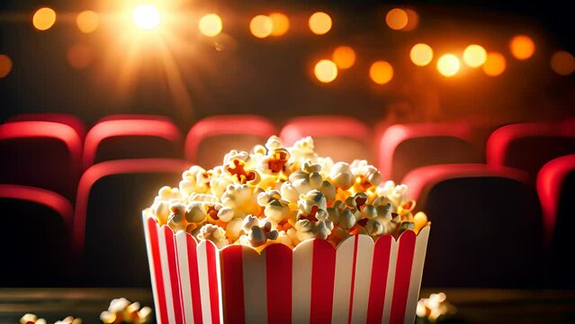 A close-up of steaming hot popcorn in a classic striped bucket, with sparkling bokeh lights softly illuminating the movie theater background