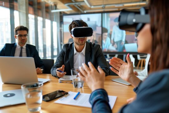 A business professional trying virtual reality in a meeting setting with colleagues observing