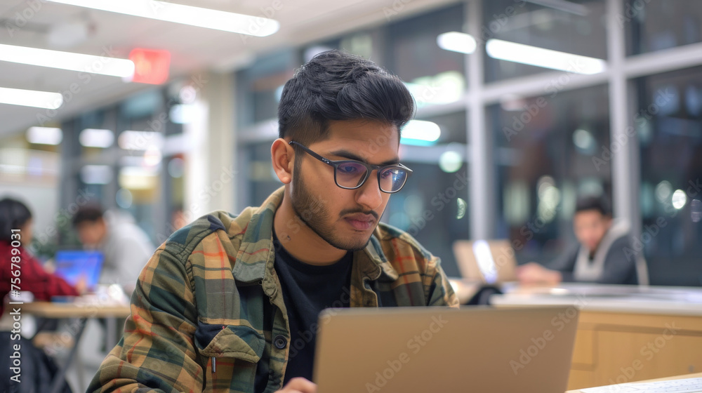 Poster A young, studious man with eyeglasses deeply focused on his laptop in a public library setting