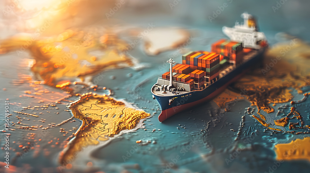 Poster Container ship model on world map , transcontinental transportation or globalization concept image with copy space
