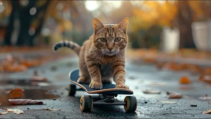 Foto op Plexiglas Cat Skateboarding Adorable Housecat Pet Action Sports Meme © Suite Green Media