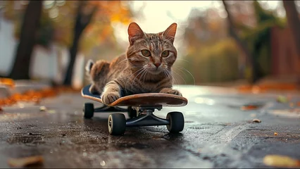 Deurstickers Cat Skateboarding Adorable Housecat Pet Action Sports Meme © Suite Green Media