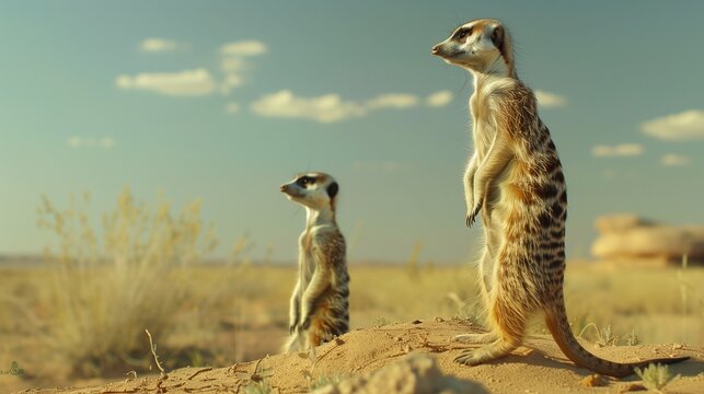 Curious meerkats standing tall, surveying their arid desert surroundings.
