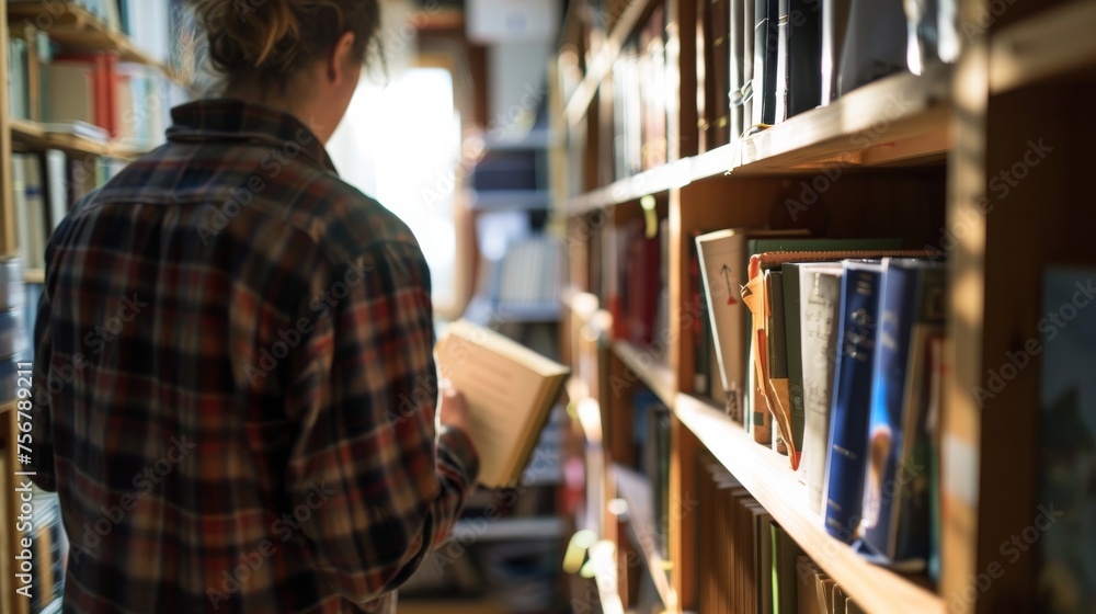 Poster An avid reader explores a vast collection of books at a library, searching for their next read