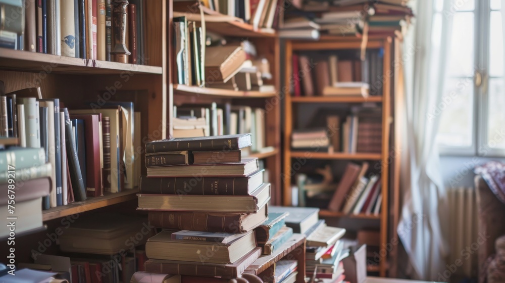Poster A warm scene with a stack of books in the foreground and a blurred library setting in the background, evoking a sense of nostalgia
