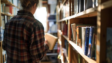 An avid reader explores a vast collection of books at a library, searching for their next read