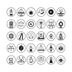 a black and white icon set for science, emblem set, line art, icon set