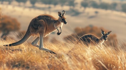 Kangaroo and joey hopping across the vast Australian outback. - obrazy, fototapety, plakaty