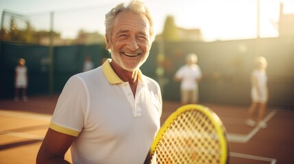 Smiling senior man playing tennis on a sunny day with friends in the background