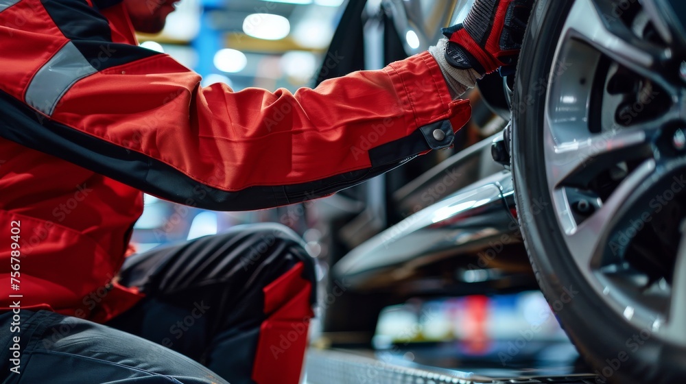 Aufkleber A mechanic in a red uniform is meticulously installing or servicing a wheel on a high-end performance car