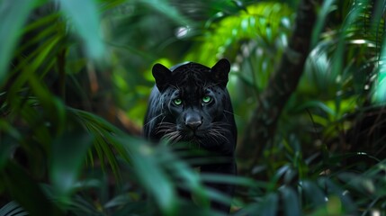 Naklejka na ściany i meble Stealthy panther prowling through a dense Amazon rainforest.