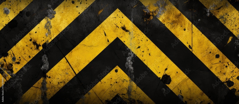 Poster a close up image of a chevron pattern in yellow and black, resembling road surface markings. the pat