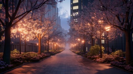 Urban oasis a modern city park adorned with blossoming cherry trees under the soft glow of streetlights, - obrazy, fototapety, plakaty