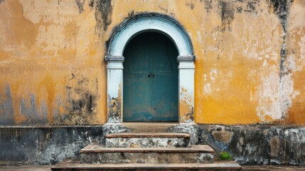 Weathered yellow wall with a colonial blue door and an archway entrance, invoking nostalgia