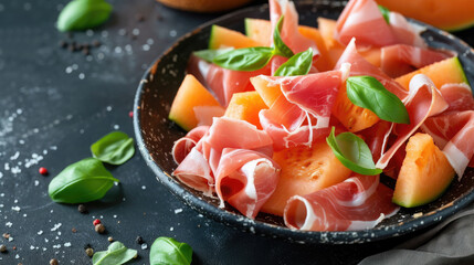 sliced melon and prosciutto, jamon, still life, Italian cuisine, food, restaurant, meal, meat, table, dish, serving, Spanish, southern, fresh, natural, tasty, delicacy - obrazy, fototapety, plakaty