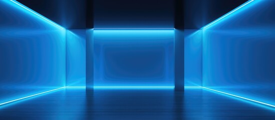 A room with Azure Visual effect lighting using gas and electric blue neon lights on transparent material. Ceiling features symmetry and patterns with lens flare effect