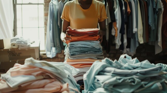 The image depicts a person holding a pile of neatly folded clothes, possibly for sorting or organizing