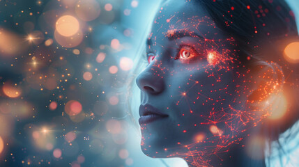 Close-up portrait of a woman with glowing digital neural network concept mapping across her face.