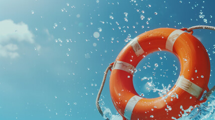 Lifebuoy Being Thrown. Help, Rescue, and Saving Concept. Blue Sky in Background.