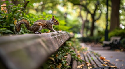 Obraz premium A curious squirrel stands alert on a wooden park bench surrounded by fallen leaves, capturing the essence of autumn in a city park