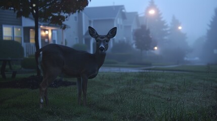 An enchanting scene of a deer standing in a suburban neighborhood with houses shrouded in an ethereal morning mist - obrazy, fototapety, plakaty