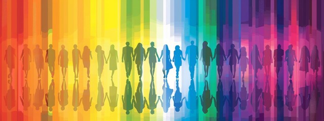Silhouettes of diverse people on vivid rainbow background illustration. Banner for togetherness, unity, diversity concept. Ideal for tolerance day, human rights campaigns, LGBTQ+ events, pride month