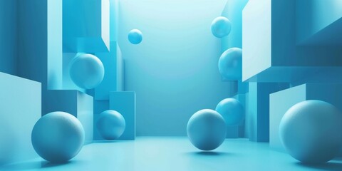 A blue room with many blue spheres and cubes - stock background.