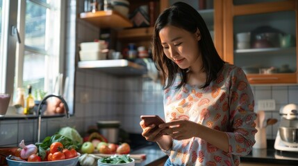 Light-filled kitchen where a woman checks her phone amidst plentiful fresh vegetables awaiting her culinary skills