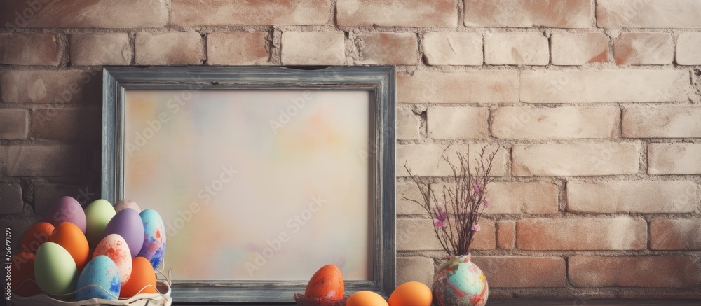 Poster A rectangular wooden picture frame filled with Easter eggs displayed in front of a brick wall, adding a rustic touch to the house