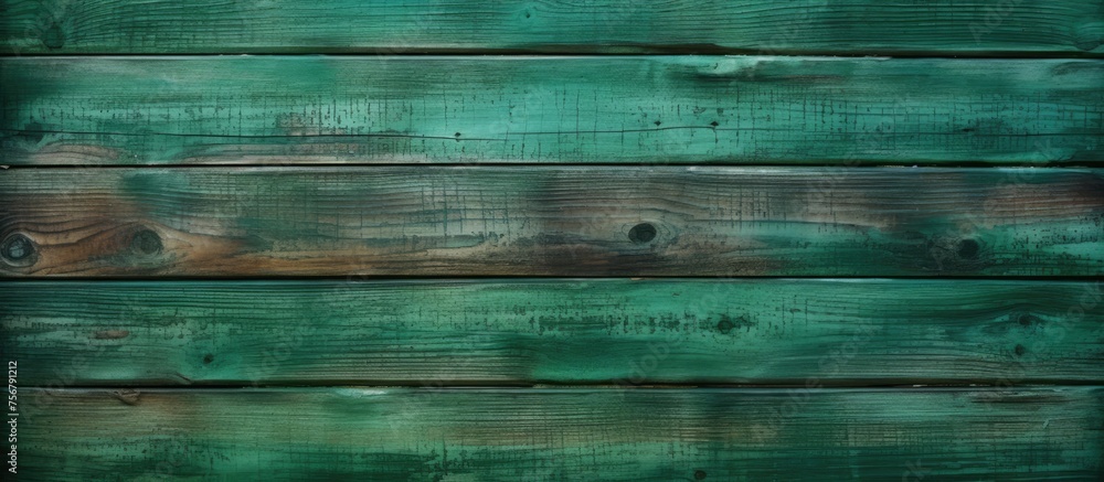 Poster a close up of a green wooden wall with a unique pattern of rectangular shapes. the wood has a hint o