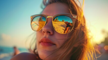 a woman wearing sunglasses on the beach at sunset