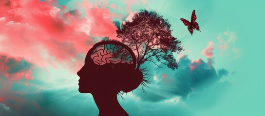 Silhouette of a woman's head with a tree and butterfly flying inside the brain with a double exposure effect Generative AI